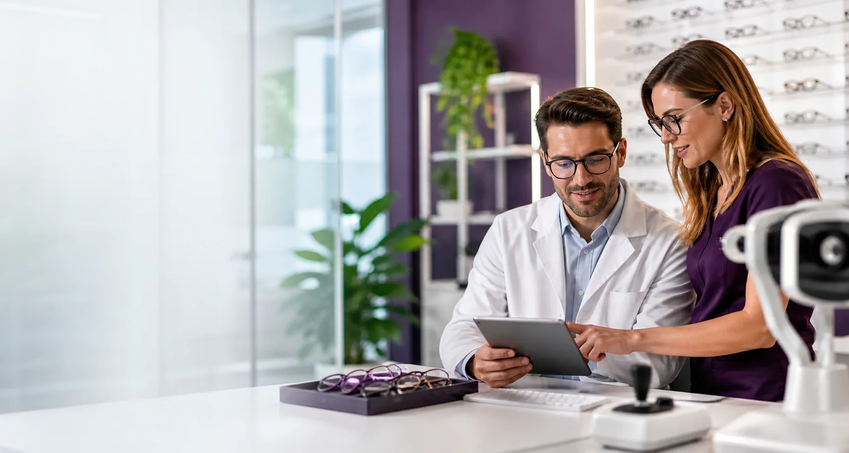 Optical professionals reviewing clinical and practice information